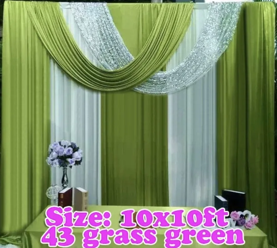 Customized White With Green Drape Valance Ice Silk Wedding Backdrop Curtain Stage Backdrop Background For Party Event Decoration