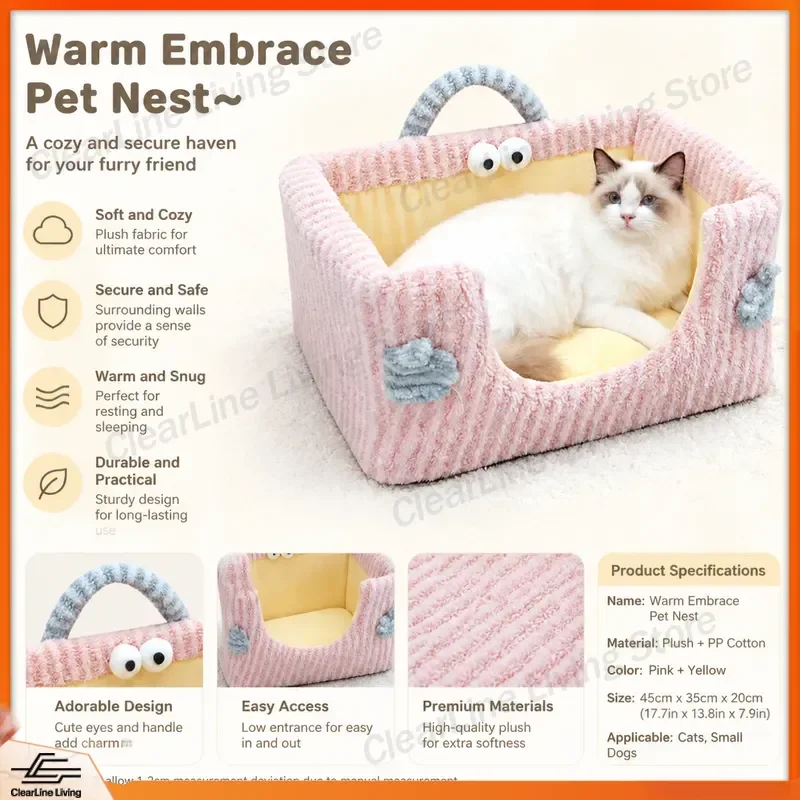 Large Cat Bed Winter Warm Plush Moon Shape Semi Closed Pet House Soft Sponge Cushion Removable Washable Kennel for Indoor