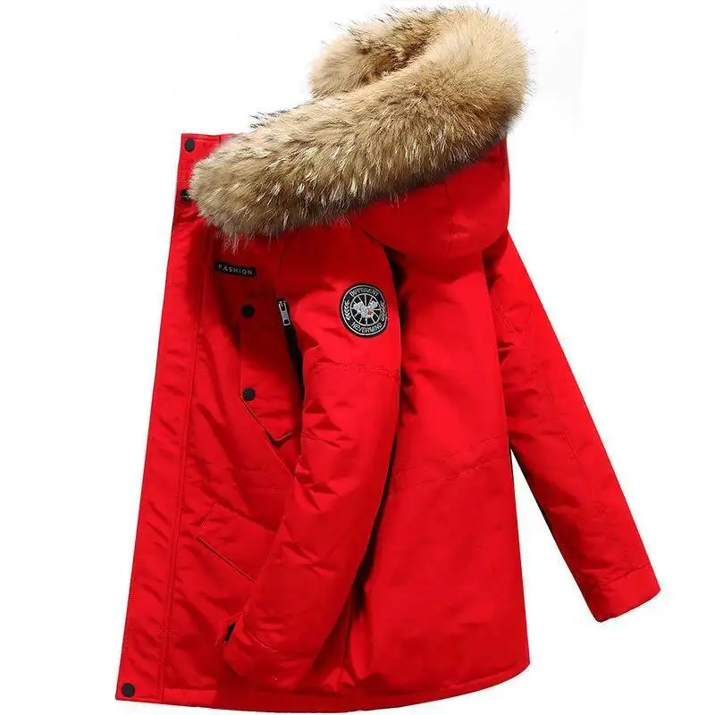 شتاء جديد سترة الرجال منتصف طول مقنعين بطة بيضاء أسفل الفراء طوق معطف دافئ غير رسمي مقاوم للماء الاستاتيكيه انخفاض الشحن #1