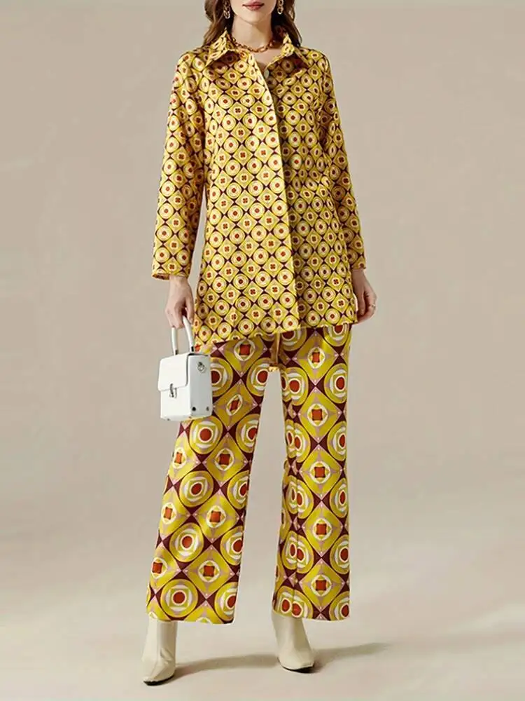 Elegante lapela botão topos conjuntos de pc moda padrão impressão commuter camisa roupas femininas manga casual longo calça terno