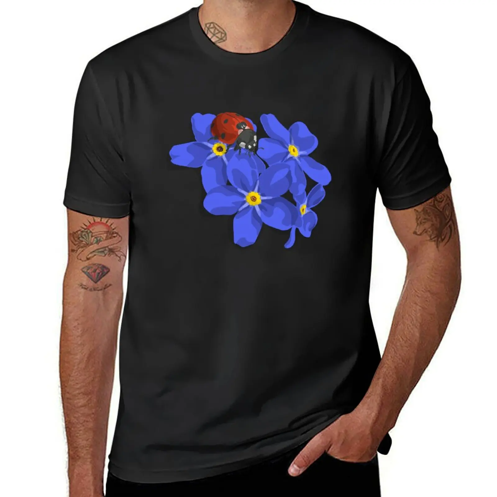 

Ladybug on cosmos blue flowers T-Shirt kawaii clothes vintage clothes fitted t shirts for men