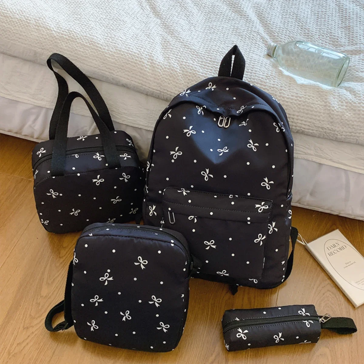 

Для женщин, комплект рюкзаков из 4 предметов с бантом, соответствующая сумка через плечо, сумка и пенал, легкий школьный комплект с несколькими карманами