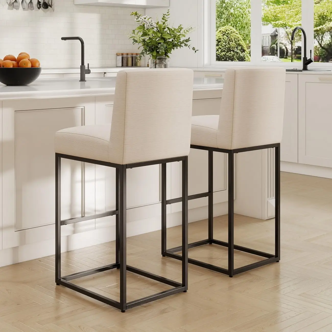 

Набор из 2 барных стульев высотой 31 дюйм, с обивкой из льна, для кухонного острова, с мягкими спинками и черным металлическим каркасом, на заказ