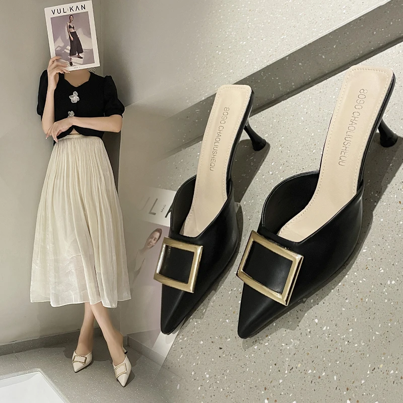 

Модные базовые сандалии для отдыха для женщин, повседневная женская обувь на тонком среднем каблуке, летние сандалии без шнуровки из однотонной кожи с металлическими украшениями