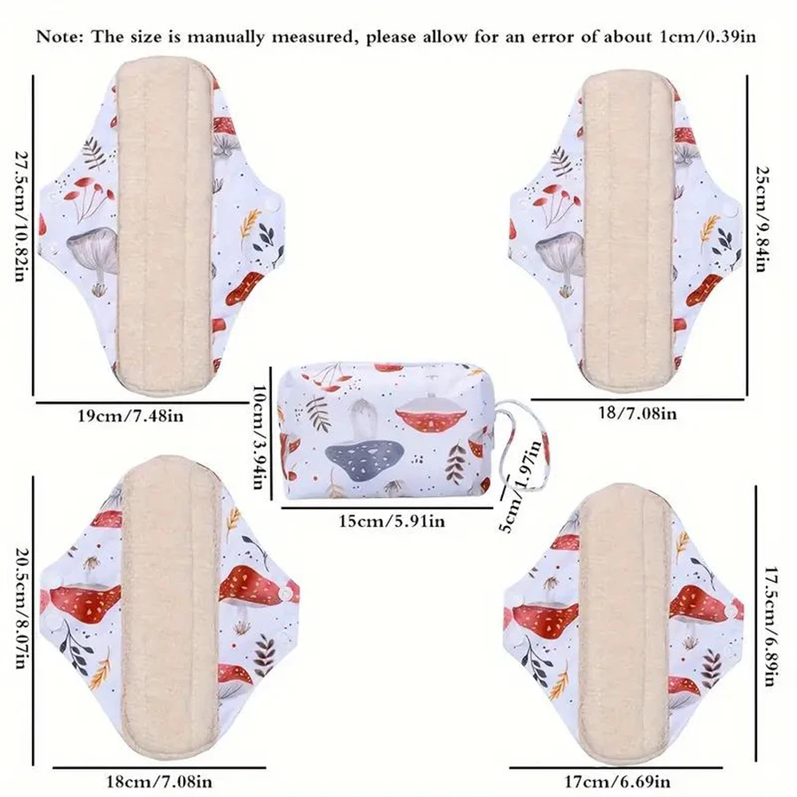 1set Washable Sanitary Pad Set, 5pcs Each Includes 4 Pads + 1 Storage Bag with Snap Closure Design, Foldable Comfortable Light