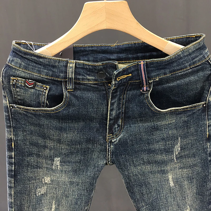 2024 New Man Pants Fashion Soild Classical Small Foot Men\'s Jeans Streetwear Biker Skinny Zips Blue Cacual Long Denim Trousers