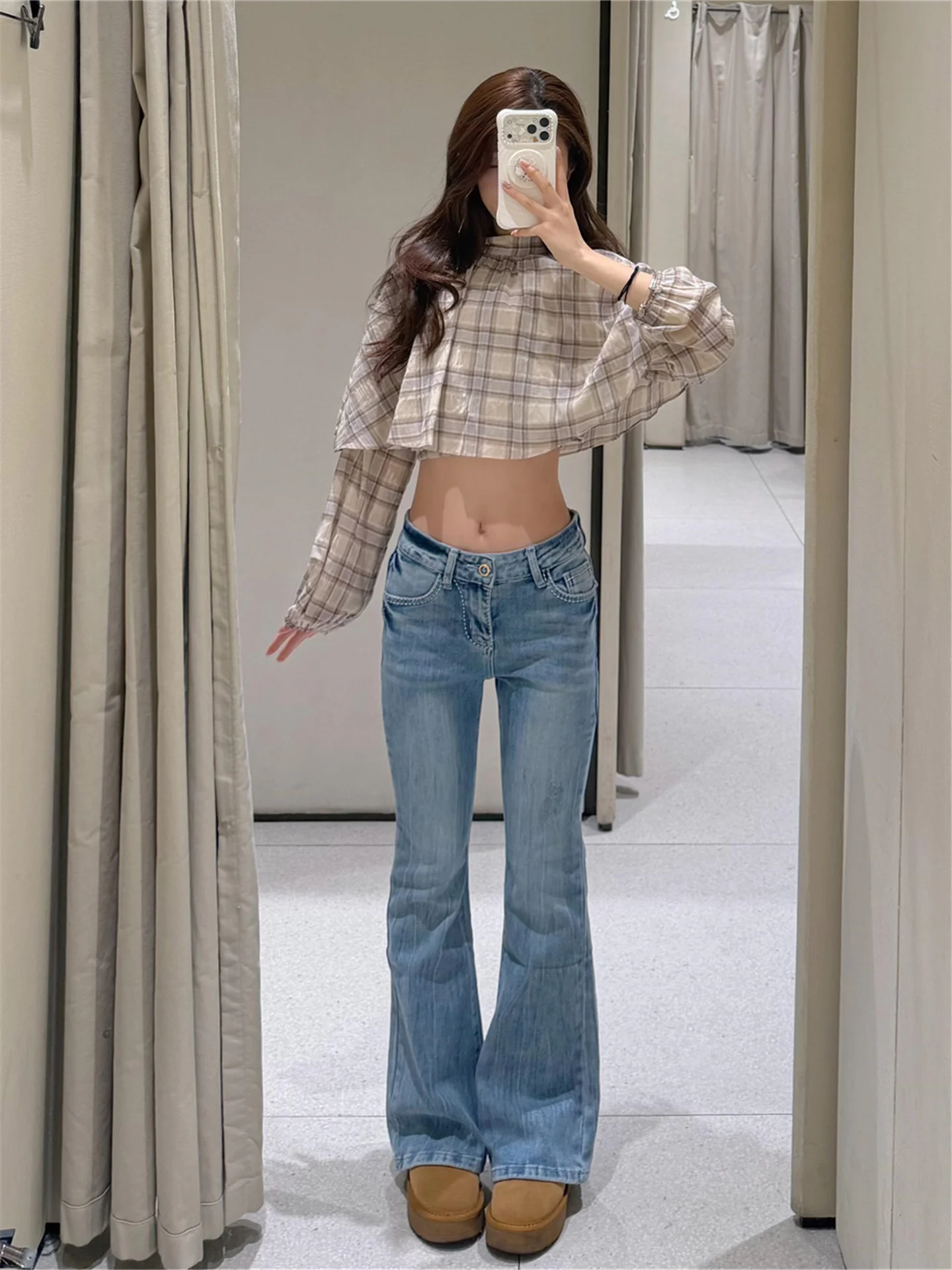 

Джинсы-клеш с низкой посадкой и удлиненной штаниной для женщин, весенние повседневные брюки в пол, стиль Hot Girl, из хлопкового денима