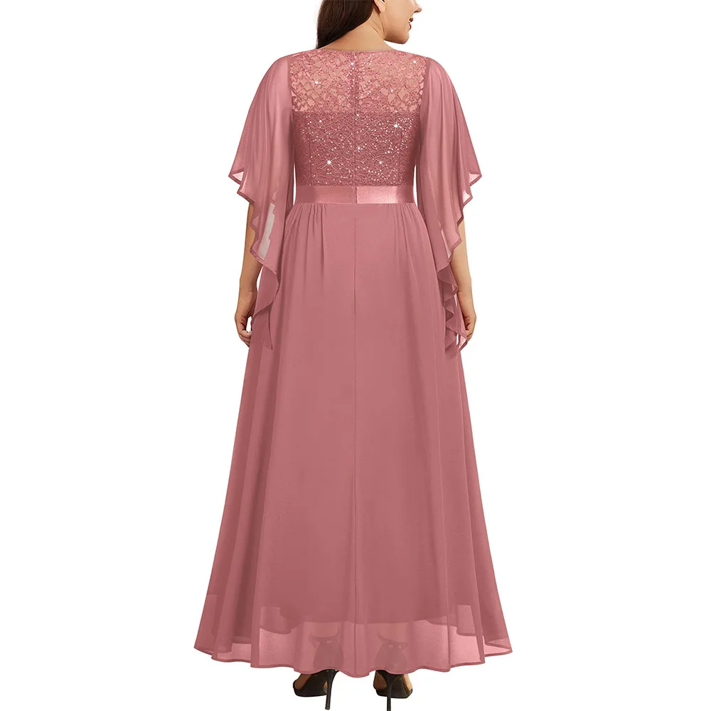 فستان MOLISA نسائي مقاس كبير مزين بالترتر مع أكمام عباءة كيب مكشكشة فستان أم العروس أنيق للحفلات ماكسي 2025