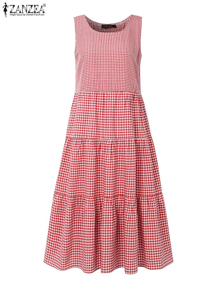Zanzea dia wear casual a linha robes femme 2025 verão das mulheres o-pescoço vintage gingham vestido de verão sem mangas em camadas vestidos midi