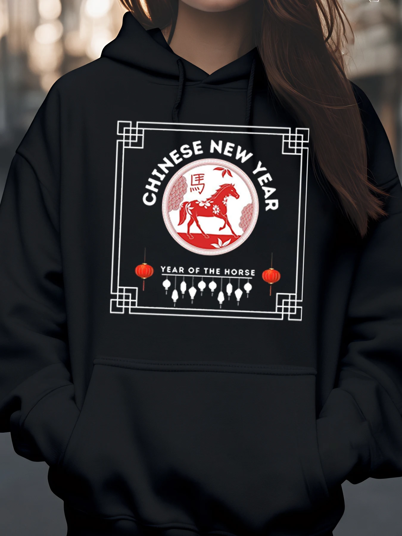 

Толстовка с капюшоном с рисунком лошади в китайском Новом году, праздничная повседневная одежда унисекс