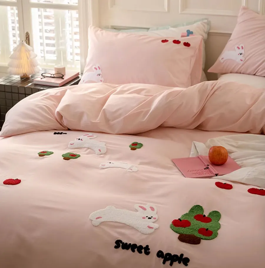 Cute embroidery rabbit bedding set 1.2 1.5 1.8 2.0,twin full queen king cotton home textile bed sheet pillow case quilt cover