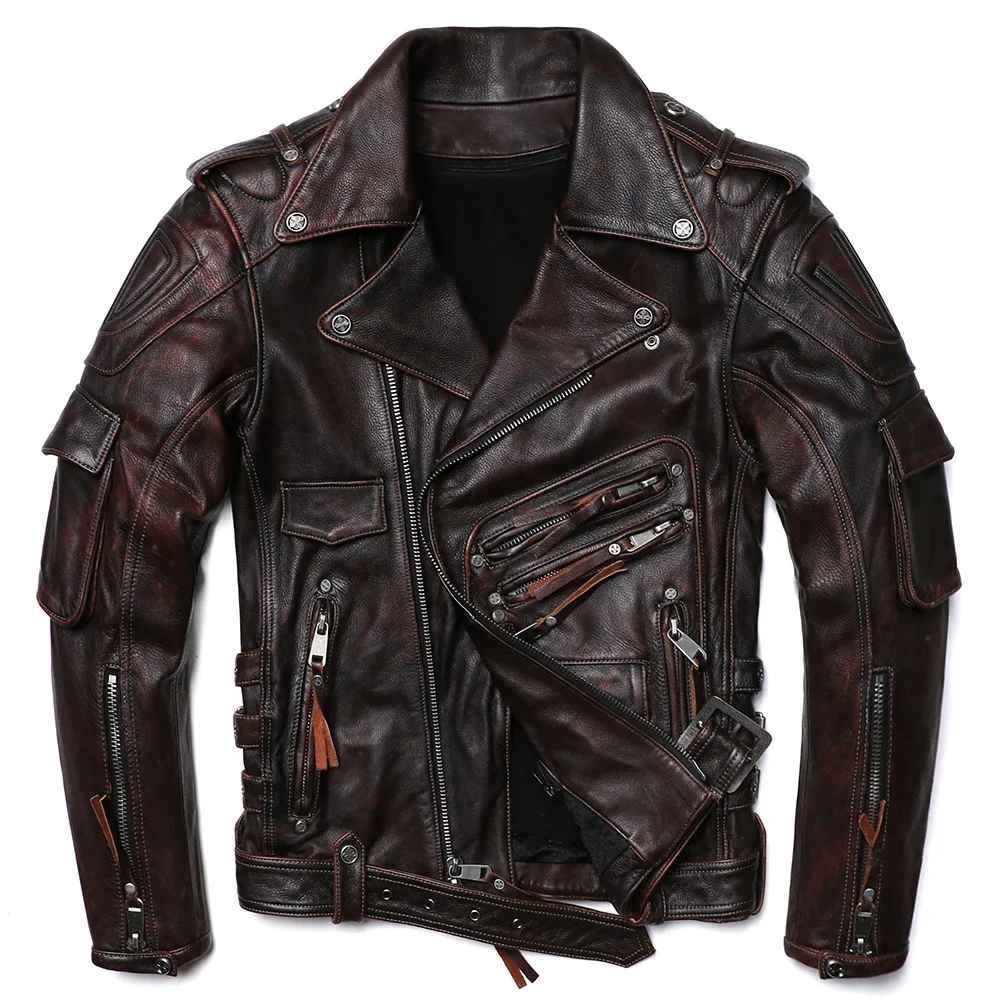 

NEW Vintage Brown Professional Motorcycle Leather Jacket Heavy Natural Cowhide Coat Thick Ooblique Zipper Clothes Plus size 6XL