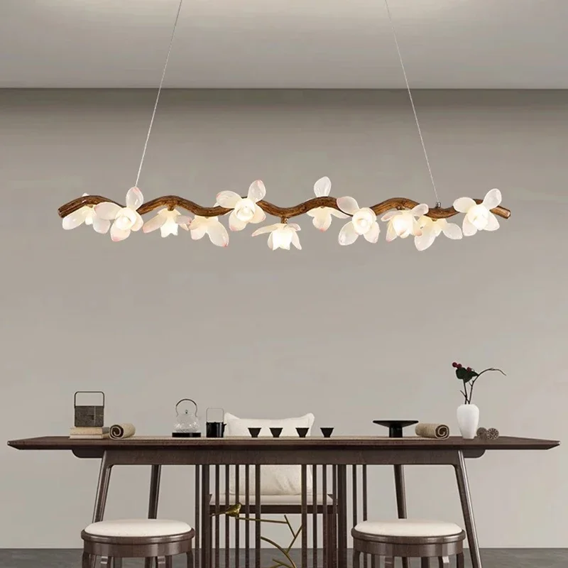 

American style Walnut wood Lotus flowers grain Chandelier lustre Ceiling for Bar counter dining table dimmable Home interior lig