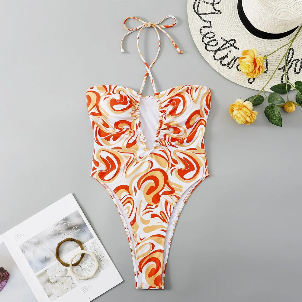 

2024 New One Piece Swimsuit Women Print Sexy Flowers Backless Strap Swimwear Tropical Summer Beachwear Bathing Suit Bodysuit