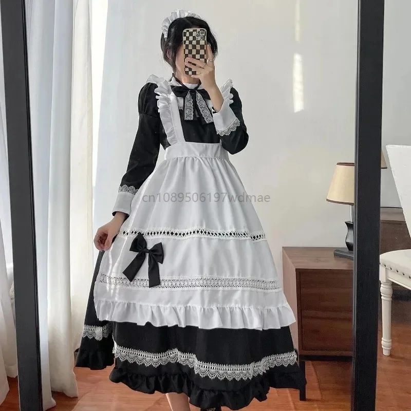 

Black Anime Maid Victoria Costume Women Lolita Apron Lace Dress Maxi Floor Length Waitress Vintage Colonial Outfit