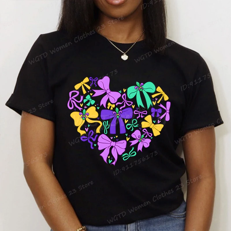 

Mardi Gras Heart Bow Print T-shirts For Women Summer New Fashion Hot Selling Tees Casual Short Sleeve Crew Neck Ladies Tee Shirt