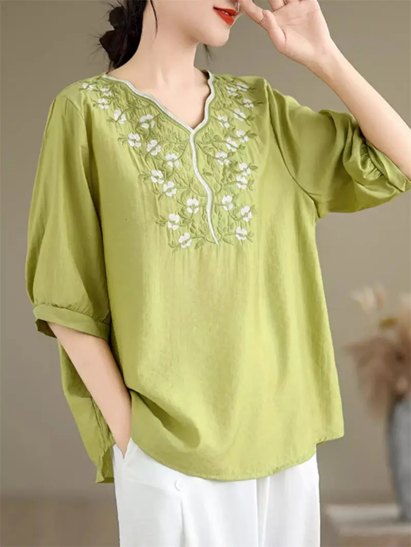 2024 Embroidered V-Neck Lantern Sleeve Shirt Vintage Art Cotton And Linen Comfortable Thin Women's Temperament Top Blusa k1278