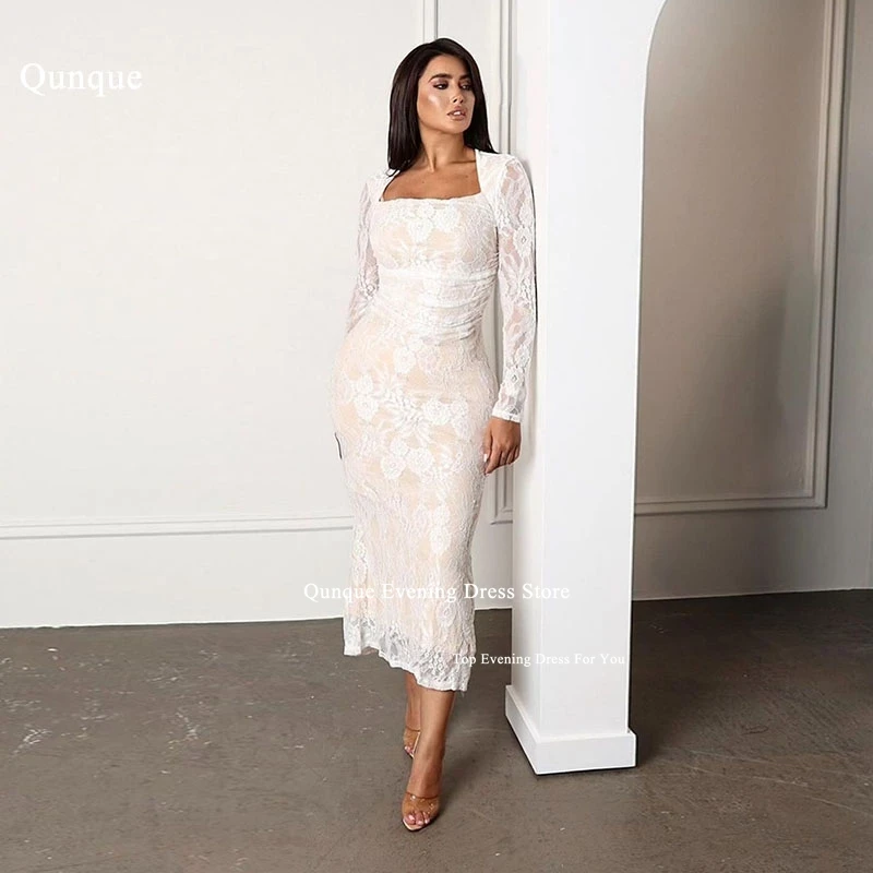 Qunque Tea Length Mermaid Evening Dresses Vestidos De Novia Customized Arabia Lace Wedding Gowns Robe De Mariée свадебное платье