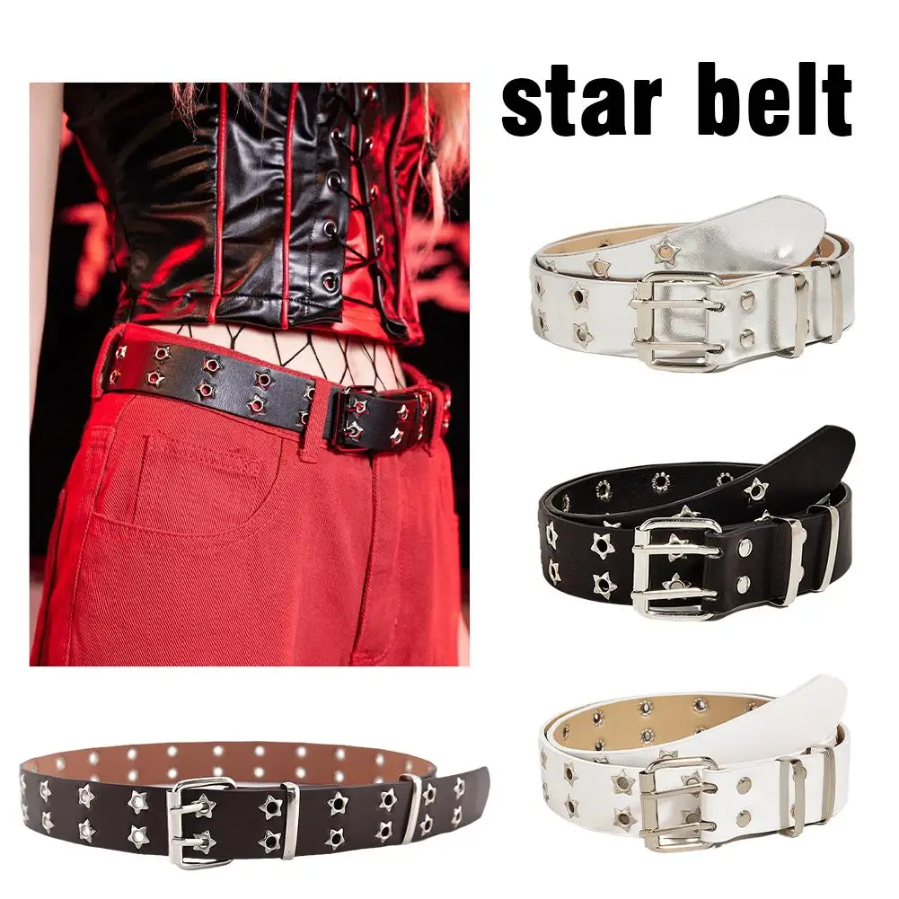 Mode Mannen Vrouwen Punk Stijl Ketting Riem Verstelbare Ster Holle Dubbele Jeans Gesp Breasted Metal I1i4 Gesp Lederen Taille Z5k7