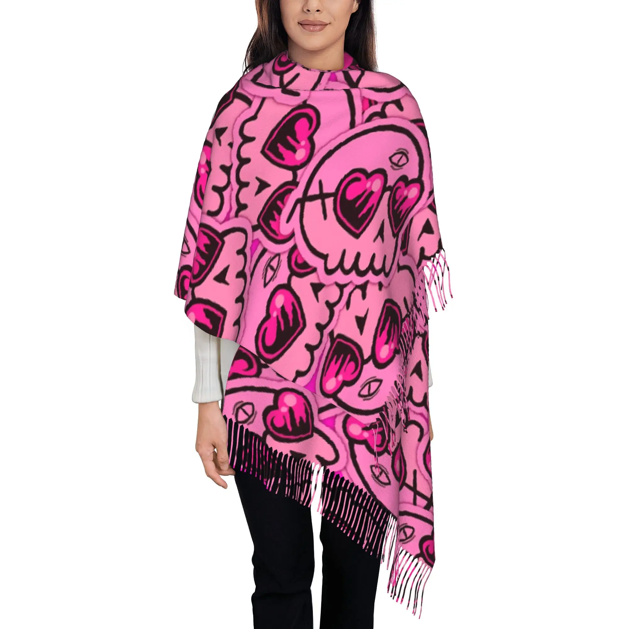 1 PC Pink Skull Heart Graphic Tassel Shawl  Autumn Fashion Integrated Warmth Birthday Gift Tassel Scarf
