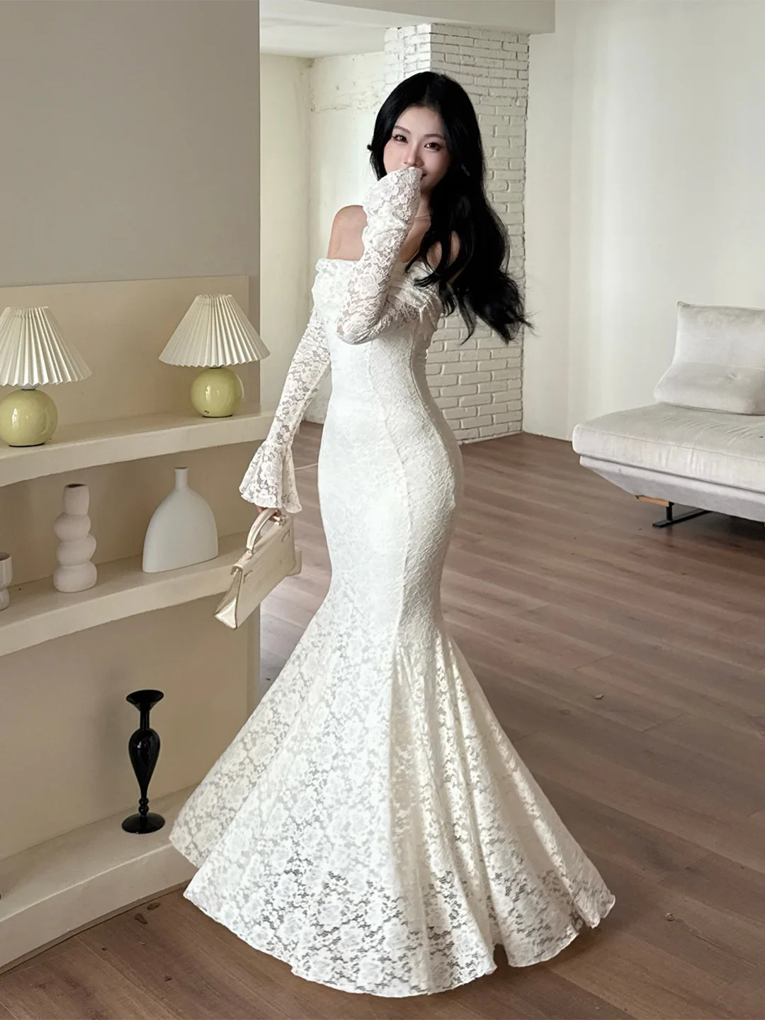 Retro Kant Off-the-shoulder Hollow-out Ontwerp Luxe Dame-achtige Dames Herfst Slanke Zeemeermin Jurk Uitlopende Party Prom vestidos Gewaad