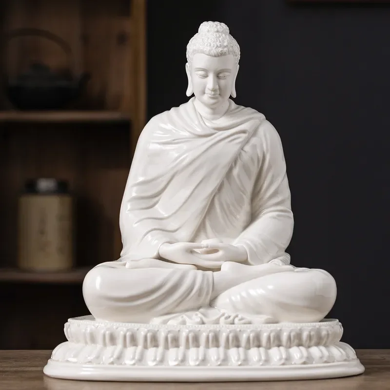 Ceramic Sakyamuni Buddha Statue Lotus Base Zen Meditation Figure Home Office Desk Decor Spiritual Gift Asian Art Ornament