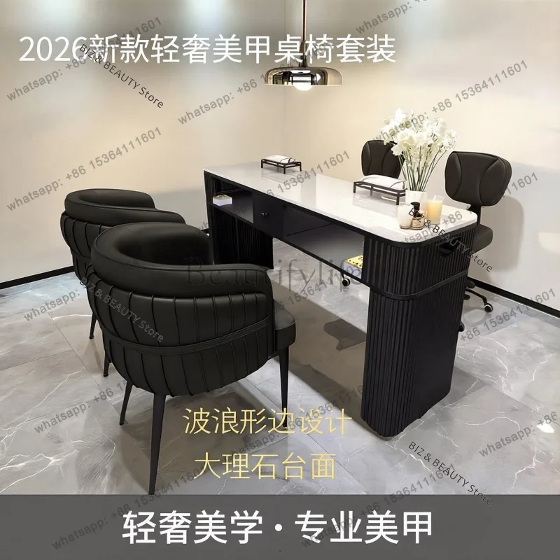 FG Black Marble Nail Desk Light Luxury Manicure Table Wave Edge Design Single Double & Triple Seat Stations Chairs Salon & Spa J