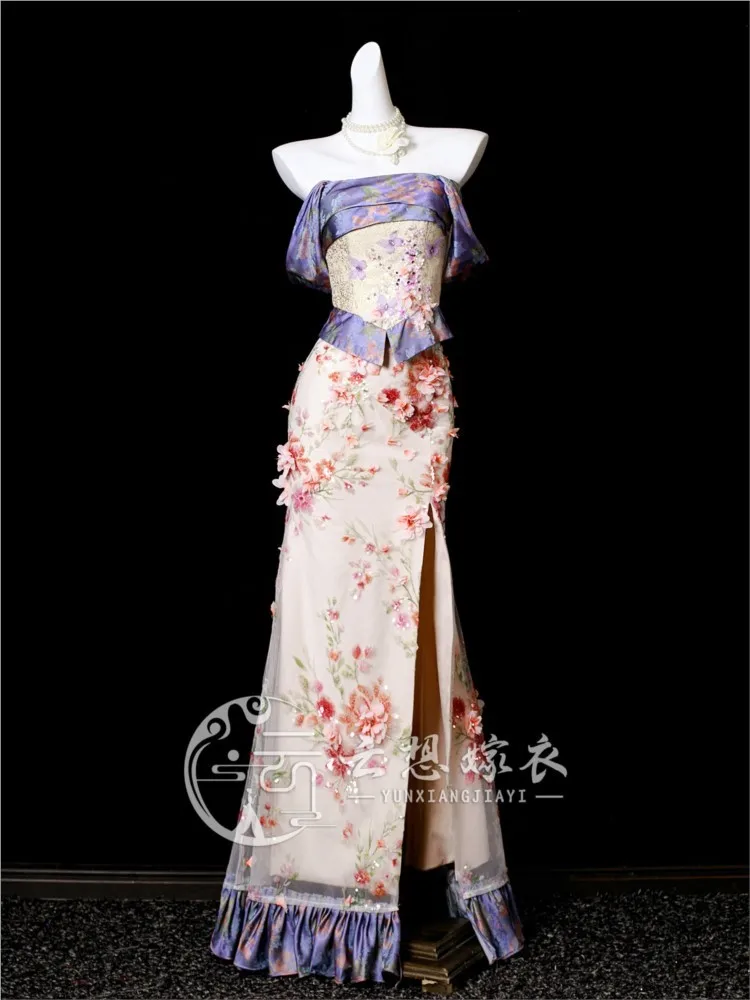 New Chinese-style heavy industry music art examination vocal coming-of-age ceremony one-shoulder birthday dress