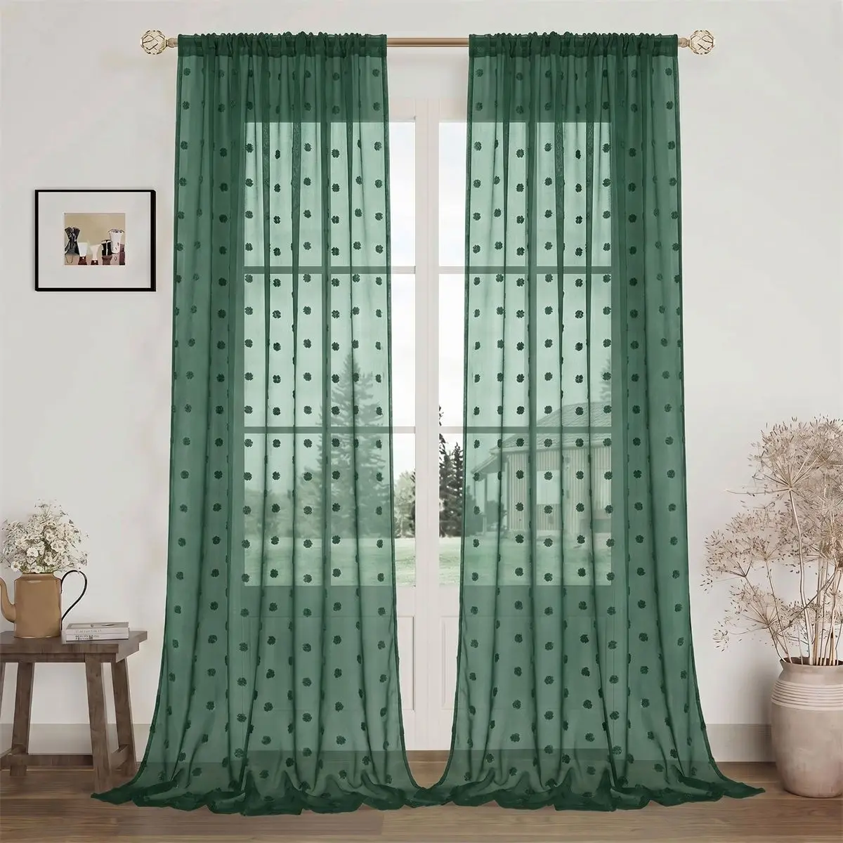 Dark Green Pompom Sheer Curtain Rod Pocket Top 3D Pom Pom Jacquard Voile Curtain Light Filtering Soft Polyester Washable Sweet S