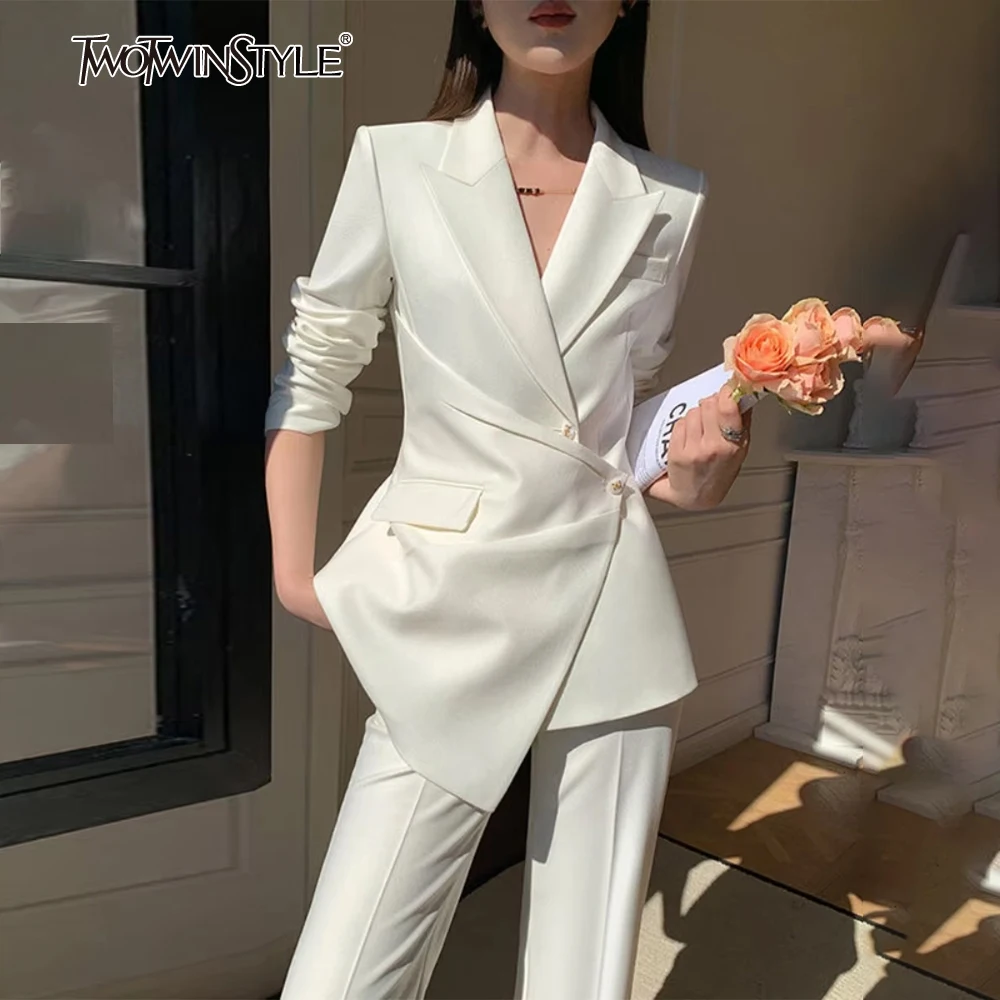 

TWOTWINSTYLE Solid Two Piece Set for Women Lapel Long Sleeve Spliced Button Loose Blazers High Waist Pant Chic Sets Female