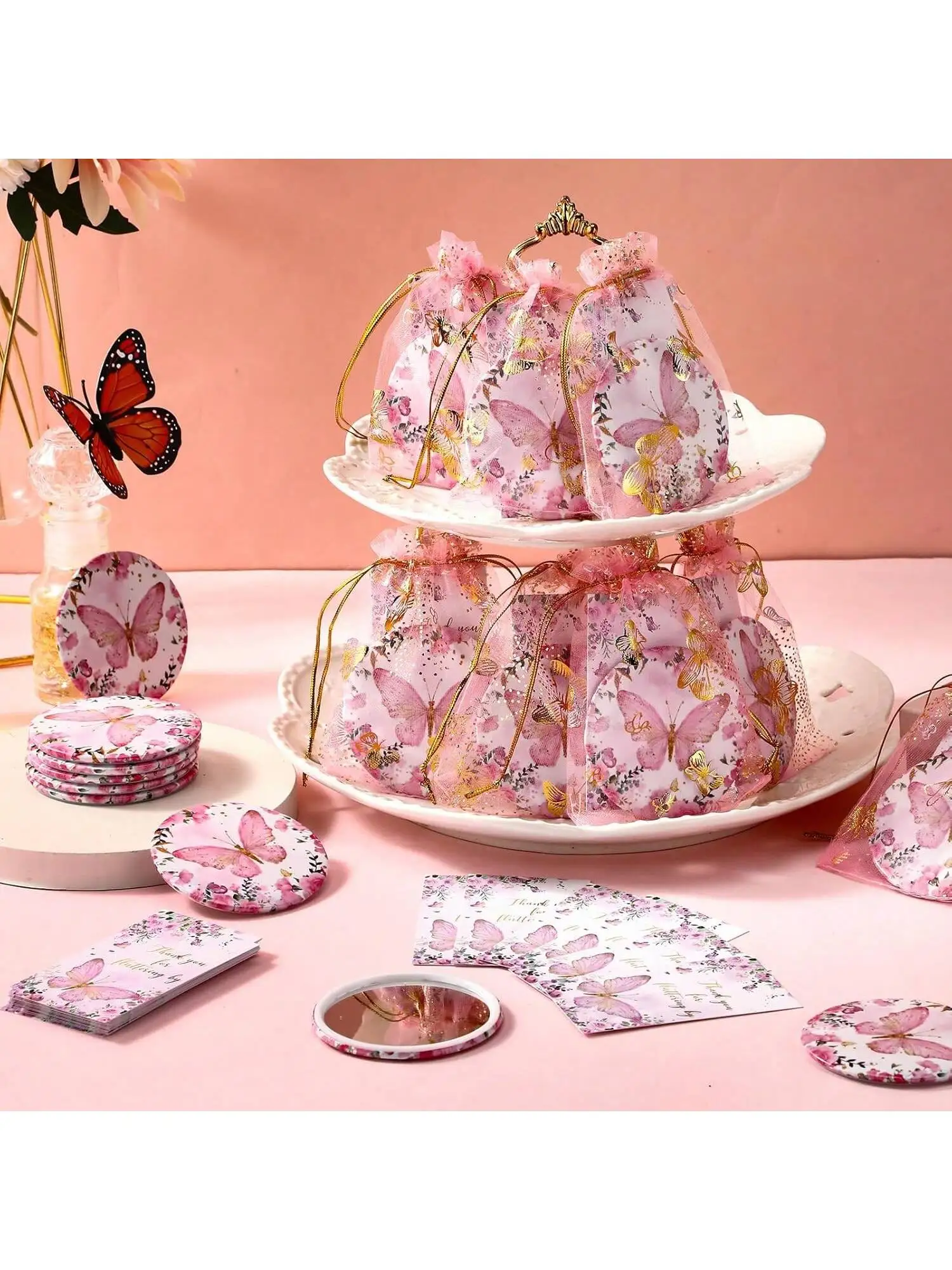 36 Stück, Schmetterlings-Schlüsselanhänger-Geschenkset, 12 Stück lila Acryl-Schlüsselanhänger, 12 braune Karten und 12 Stück Organza-Kordelzugbeutel, Geschlecht – Detail 3