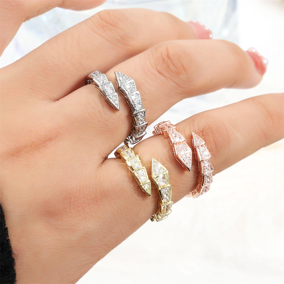 Htpwe Copper Metal Snake Bone Nail Inlaid Zirconium Opening Ring Women Plated 18k Gold Couple Holiday Gift Ring Party Jewelry image 5