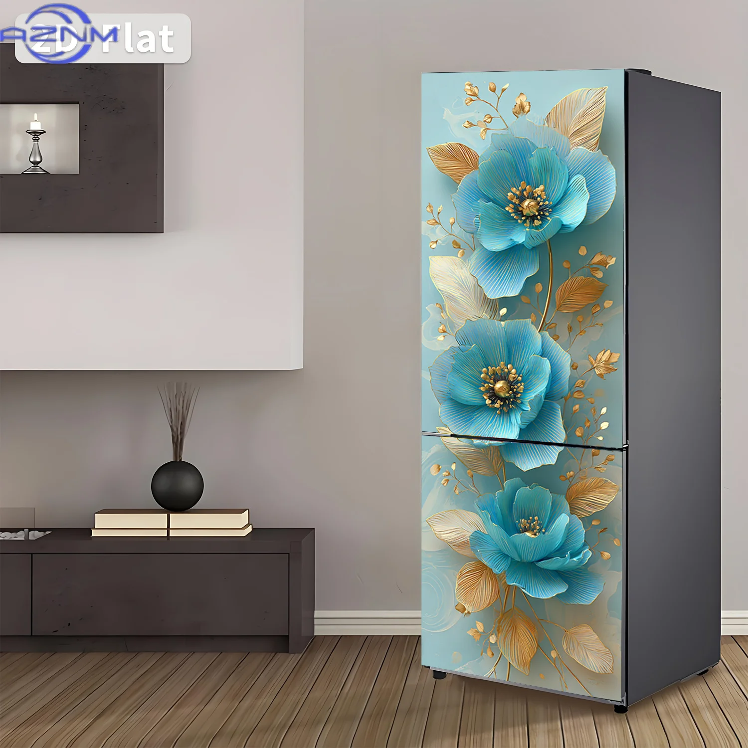 2D Flat Printing 1pc Refrigerator Sticker 60×180cm Blue and Golden Floral Pattern Themed Design Wall Decal Self-Adhesive Wallp