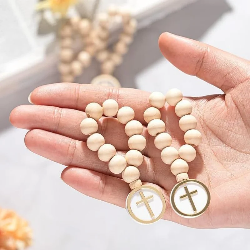 5Pcs First Holy Communion Favors Rosary Beads with Cross Crucifix Keychain with White Organza Bag Baptism Favors