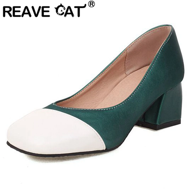 

REAVE CAT 2022 Women Pumps Square Toe Block Heels Slip-on Shallow Big Size 30-48 Mix Color Black Red Green Concise Spring S3091