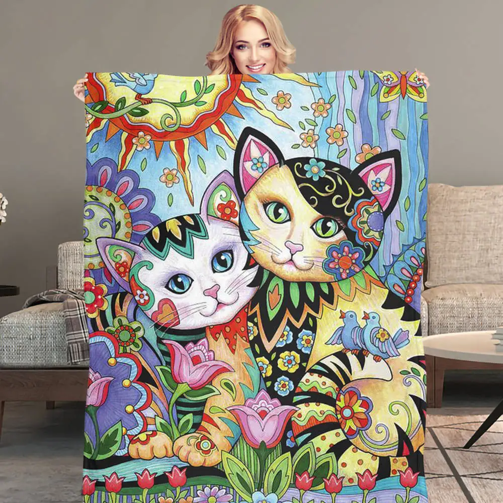 

Funny Abstract Cat Printed Flannel Blanket Cozy Soft Bed Thin Quilt Sofa Office Nap Warm Throw Blankets for Teens Adults Gifts