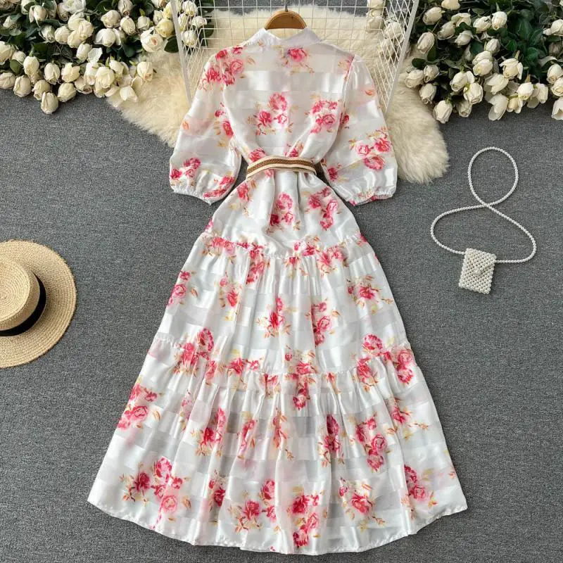 Elegant Dress Printed Fashion Temperament Stand Collar Lantern Sleeve Elastic Waist Hit Color With Belt Short Sleeve Dress Women