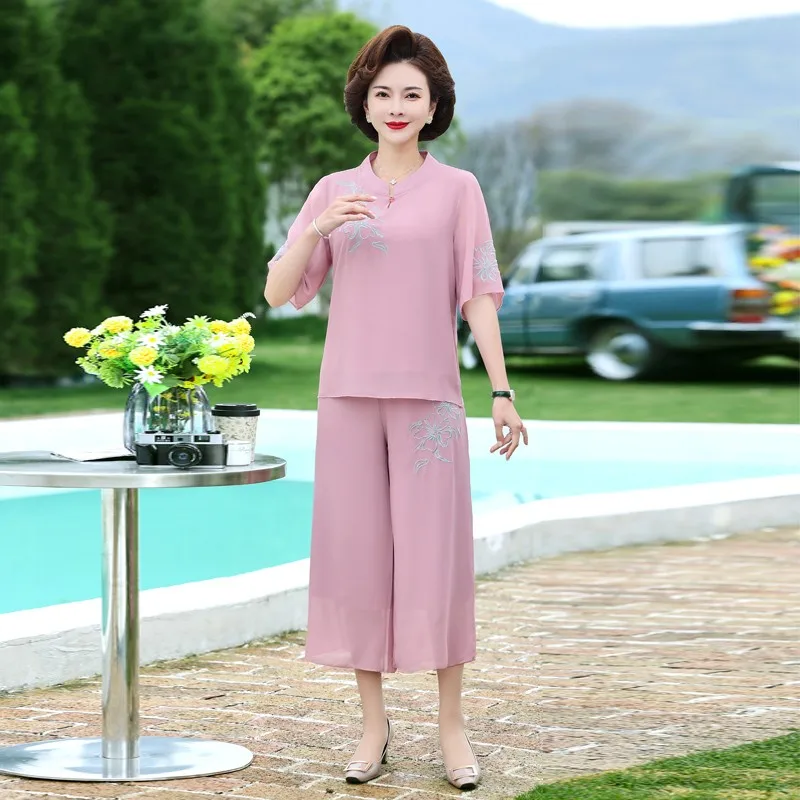 Retro Mother Summer Chiffon embroidery Top Skirt Pants Suit Short-Sleeved Middle-Aged and Elderly Women Two-Piece Sets Women