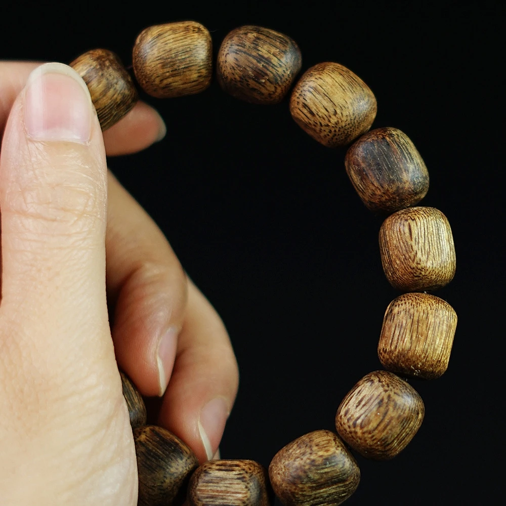 Natural Kyara Agarwood Bracelet 12mm - Freeform Single Strand Date-Shaped Beads, Premium Agarwood Handicraft Jewelry Ornament