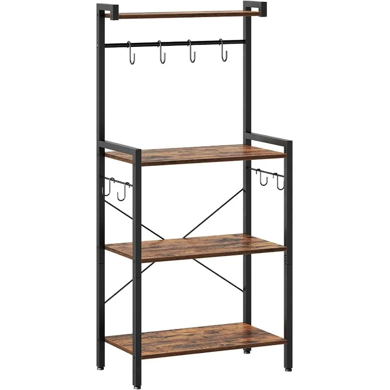 

Kitchen Bakers Rack with Storage, 4 Tiers Coffee Bar Station, Microwave Stand with 8 S-Shaped Hooks, Kitchen Storage Shelf Rack