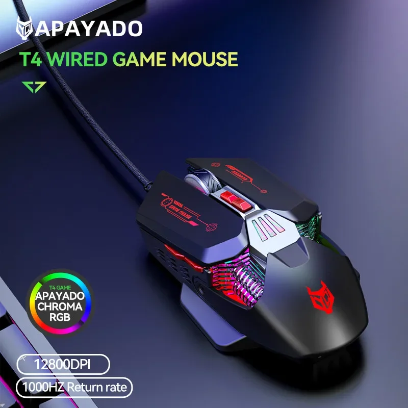 

Проводная игровая мышь APAYADO T4 — 6 уровней на дюйм, RGB-подсветка, скорость опрокидывания 1000 Гц, дизайн Mecha, эргономичная ручка