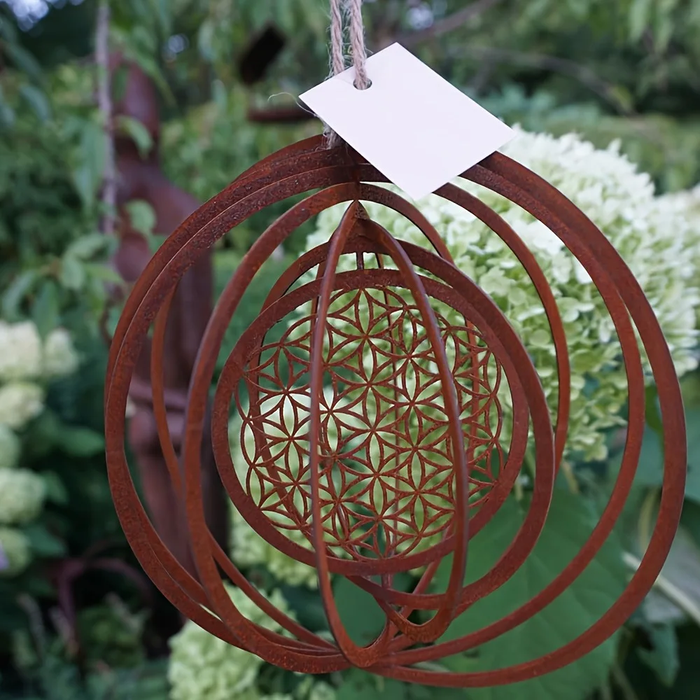 3D Flower of Life Rust Metal Wind Spinner, Hanging Rotating Garden Wind Ornament