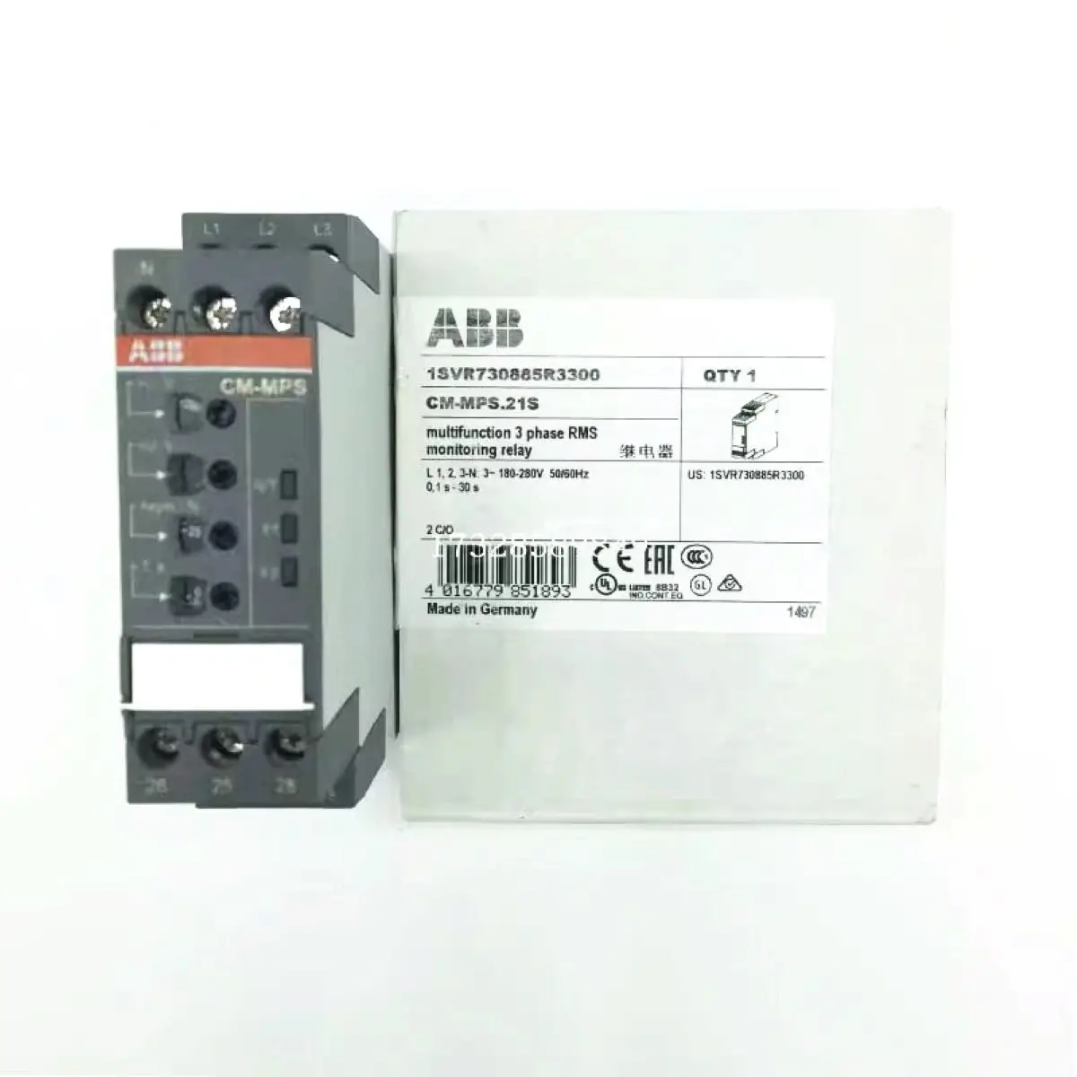 

CM-MPS.21S 10102320 180-280VAC 1SVR730885R3300 Three-phase monitoring relay 2c/o, 0,0.1-30s, L1-L2-L3-N=3x180-280VAC