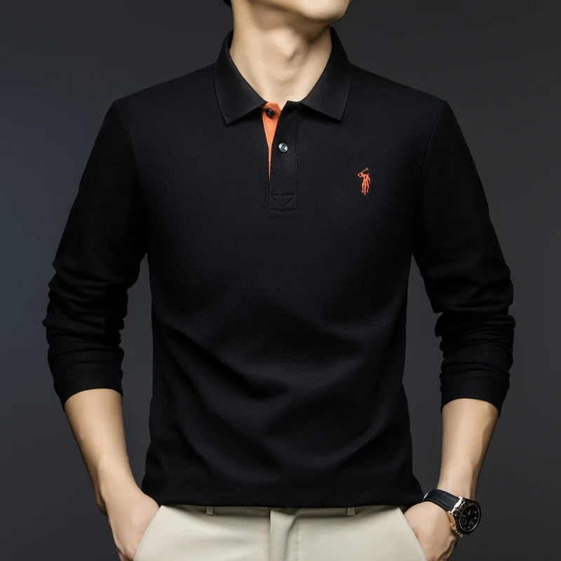 

2025 весенняя новая мужская футболка с длинным рукавом из 100% хлопка, модная деловая рубашка-поло с нижним верхом