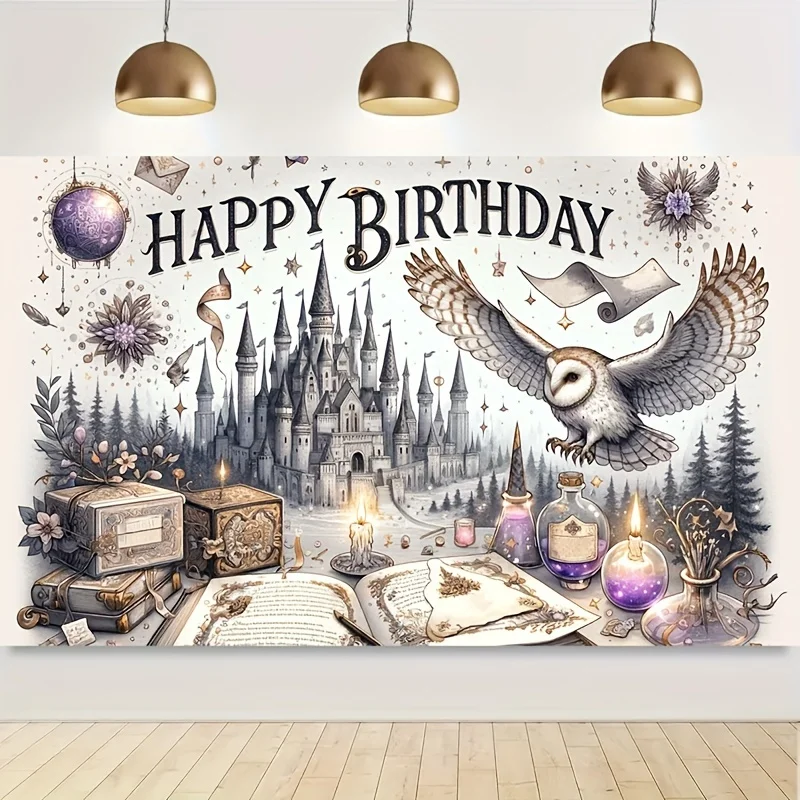 Hintergrundbanner „Magic Castle and Owl Happy Birthday“ – Partydekorationen mit Fantasy-Motiv – Detail 2