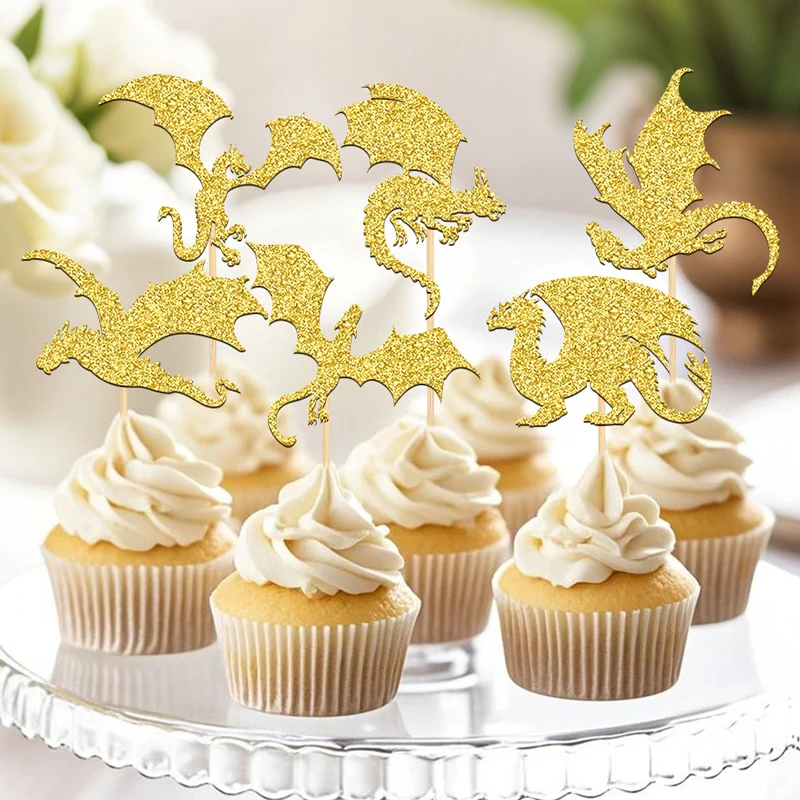 YOMDID 24 Stück Glitzer-Flugdrachen-Kuchenaufsätze, Drachen-Dinosaurier-Cupcake-Topper für Babyparty-Geburtstagstorten-Dekorationen – Detail 10
