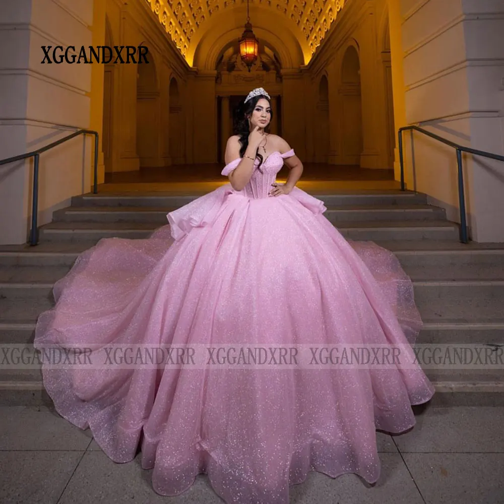 Elegancka różowa suknia balowa sukienka na Quinceanera 2024 3D tiul w kwiaty księżniczka słodka 16 Vestido De XV Años Brithday suknia wieczorowa Plus Size