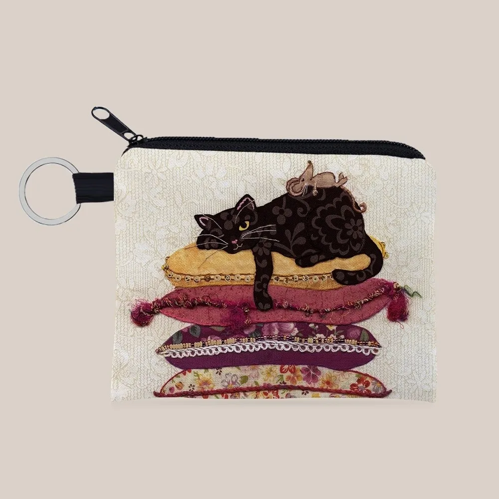 

Cute Cat Print Coin Purse with Zipper Square Keychain Coin Pouch Portable Polyester Small Wallet