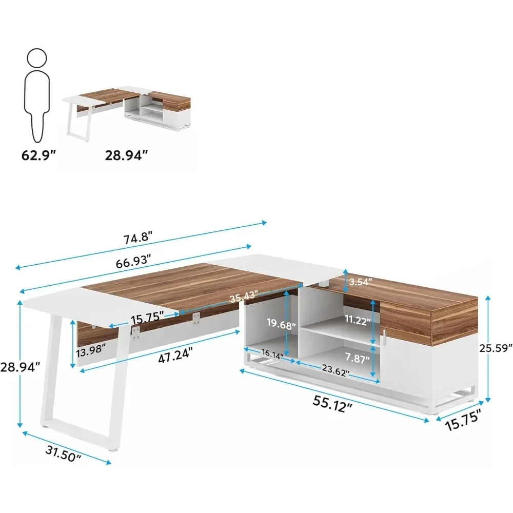 74.8” Executive Desk and 55” Lateral File Cabinet, Large L-Shaped Computer Desk with Storage Cabinet and Shelves