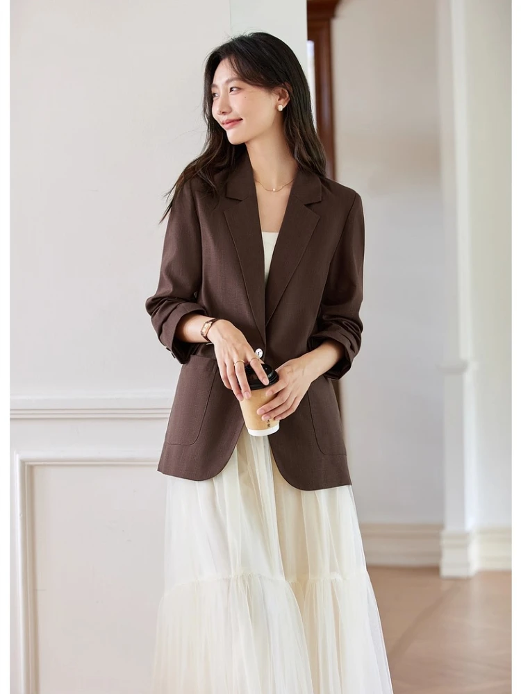 

VIMLY Women's Brown Texture Jacket Coat Autumn 2025 Casual Oversized Notched Ladies Blazer Woman Office Wear Blazer Femmes A2193